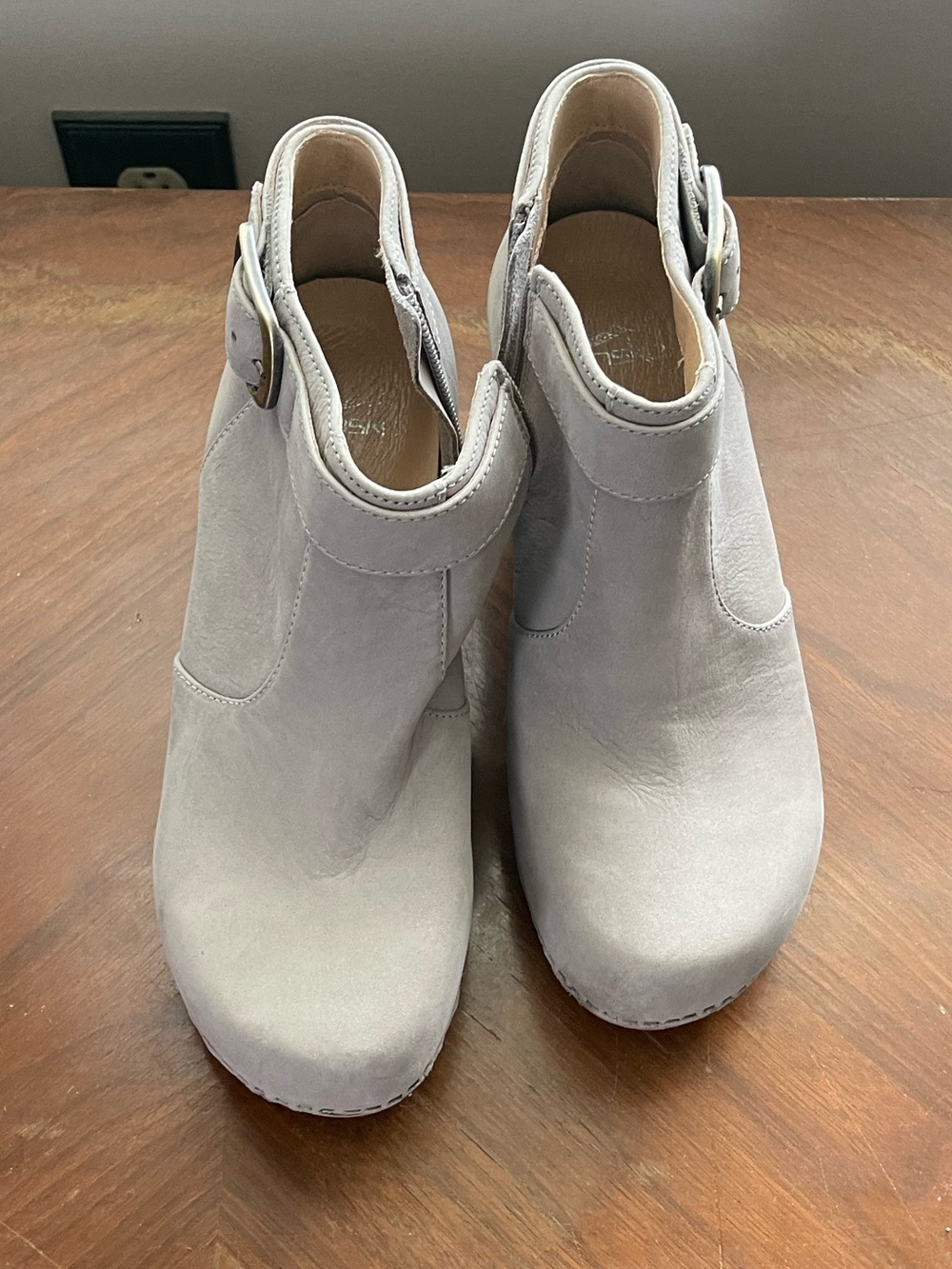 Dansko Light Gray Suede Ankle Booties with Side Buckle